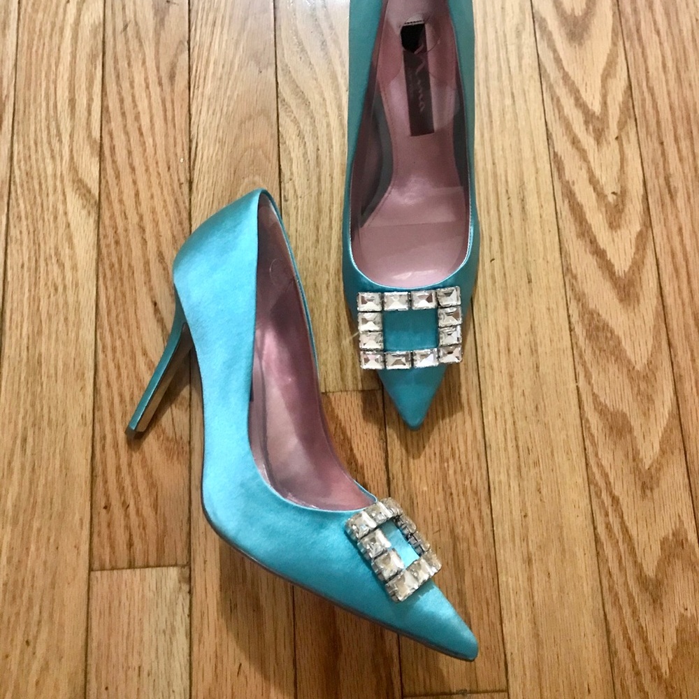 Classic Blue Satin Pumps with crystal buckle
